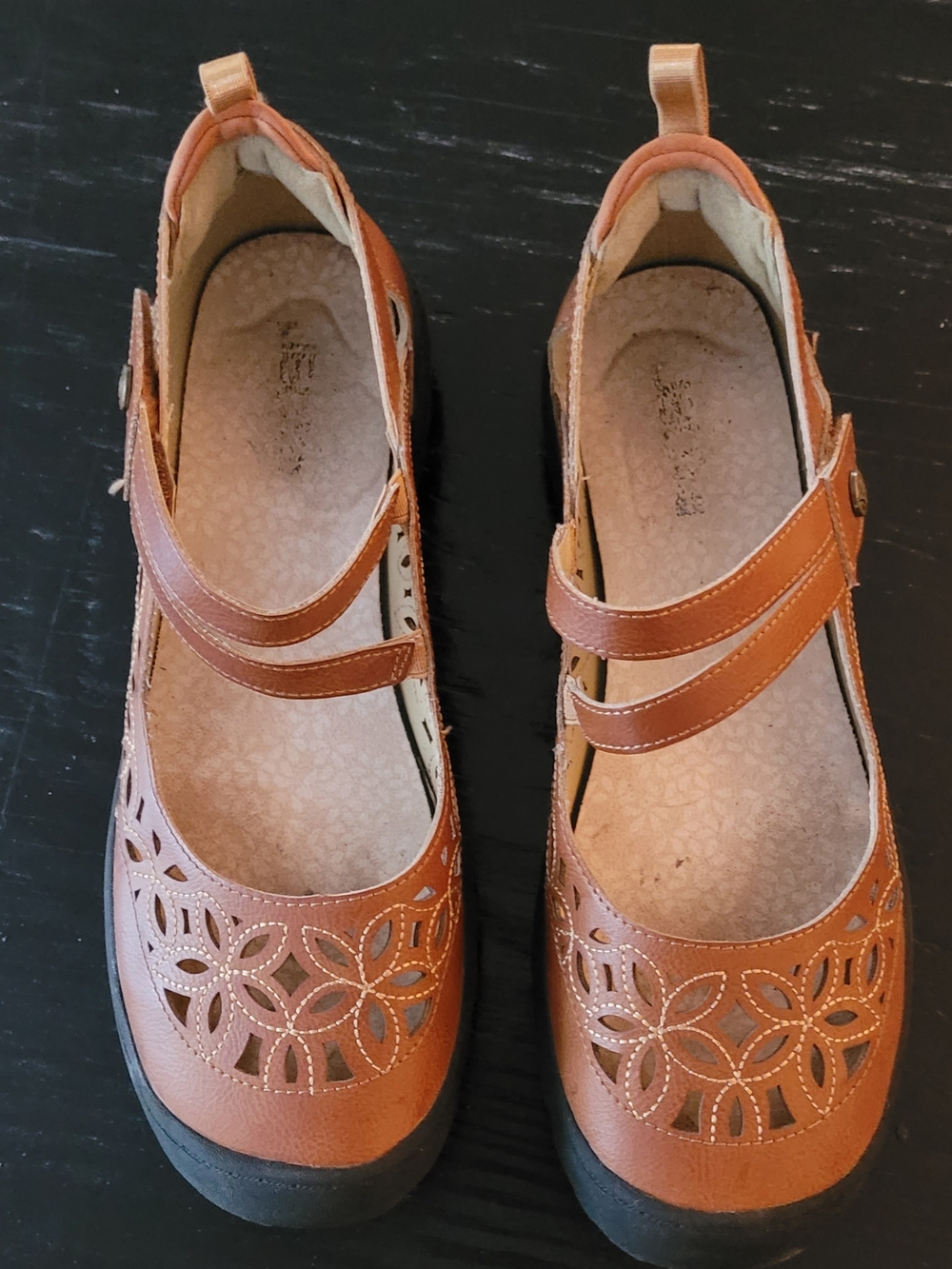 JBU Women's Cognac Brown Mary Jane Flats with Floral Cutouts
